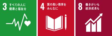 3 すべての人に健康と福祉を 4 質の高い教育をみんなに 8 働きがいも経済成長も
