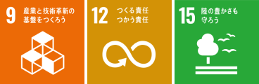 9 産業と技術革新の基盤をつくろう 12 つくる責任 使う責任 15 陸の豊かさも守ろう